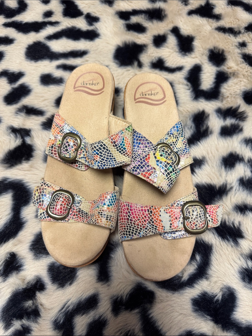 Dansko Multicolor Mosaic Snake-Print Double Strap Slides